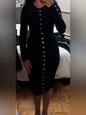 Slim Fit Black Button-Front Long Sleeve Dress